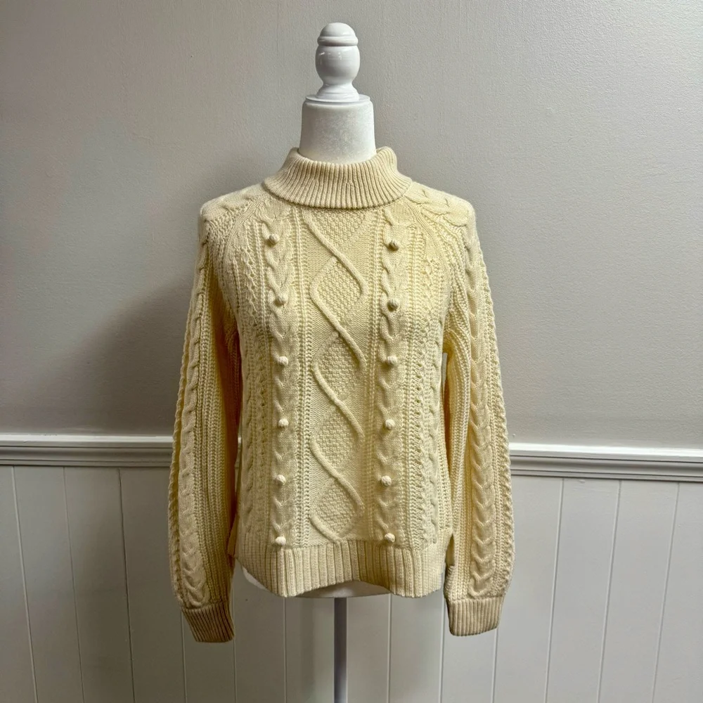NEW J. Crew Pom-Pom Cable-Knit Pullover Crew Neck Sweater Natural Cream Small